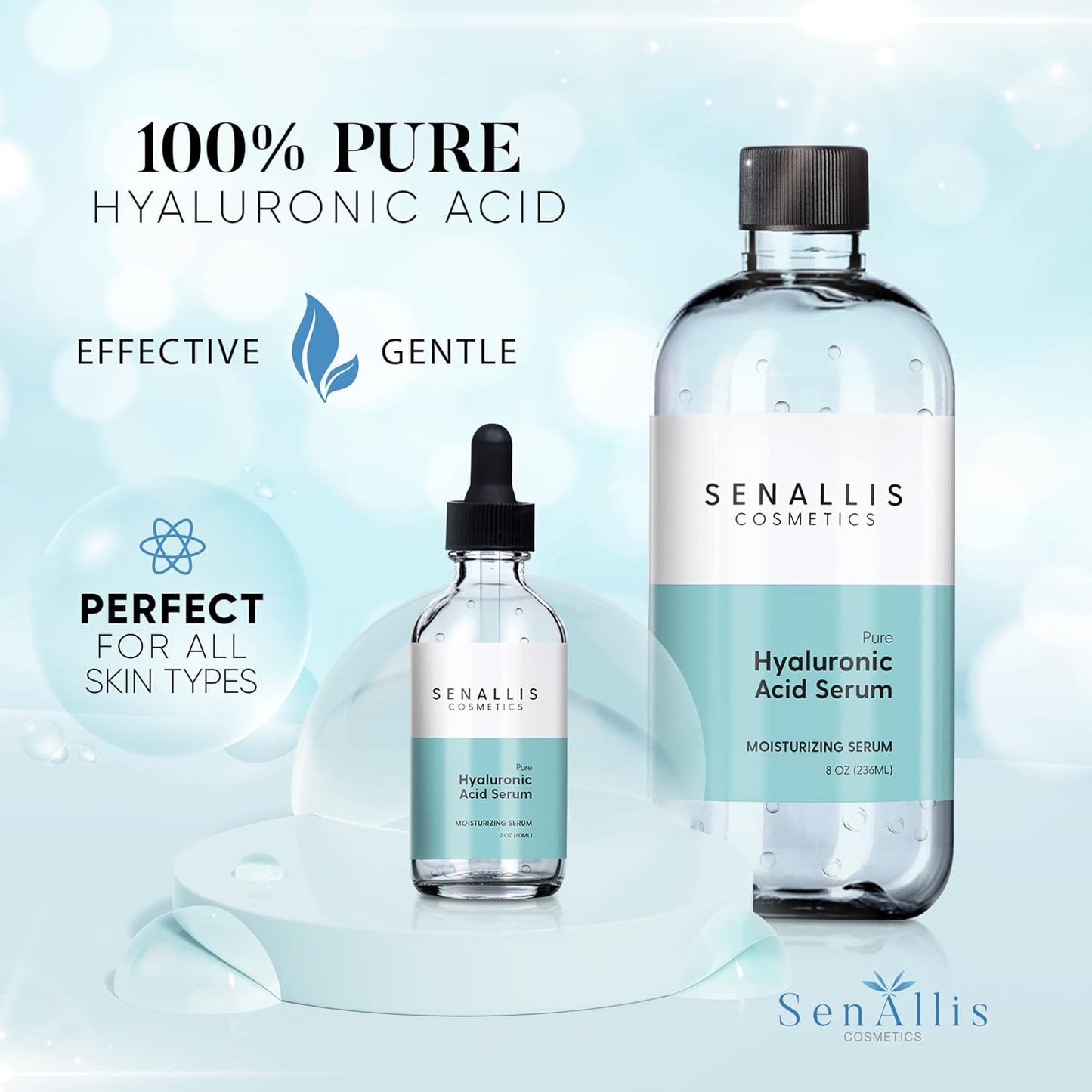 Hyaluronic Acid Serum 8 fl oz And 2 fl oz, Made From Pure Hyaluronic Acid, Anti Aging/Wrinkle, Ultra-Hydrating Moisturizer That Reduces Dry Skin Manufactured In USA