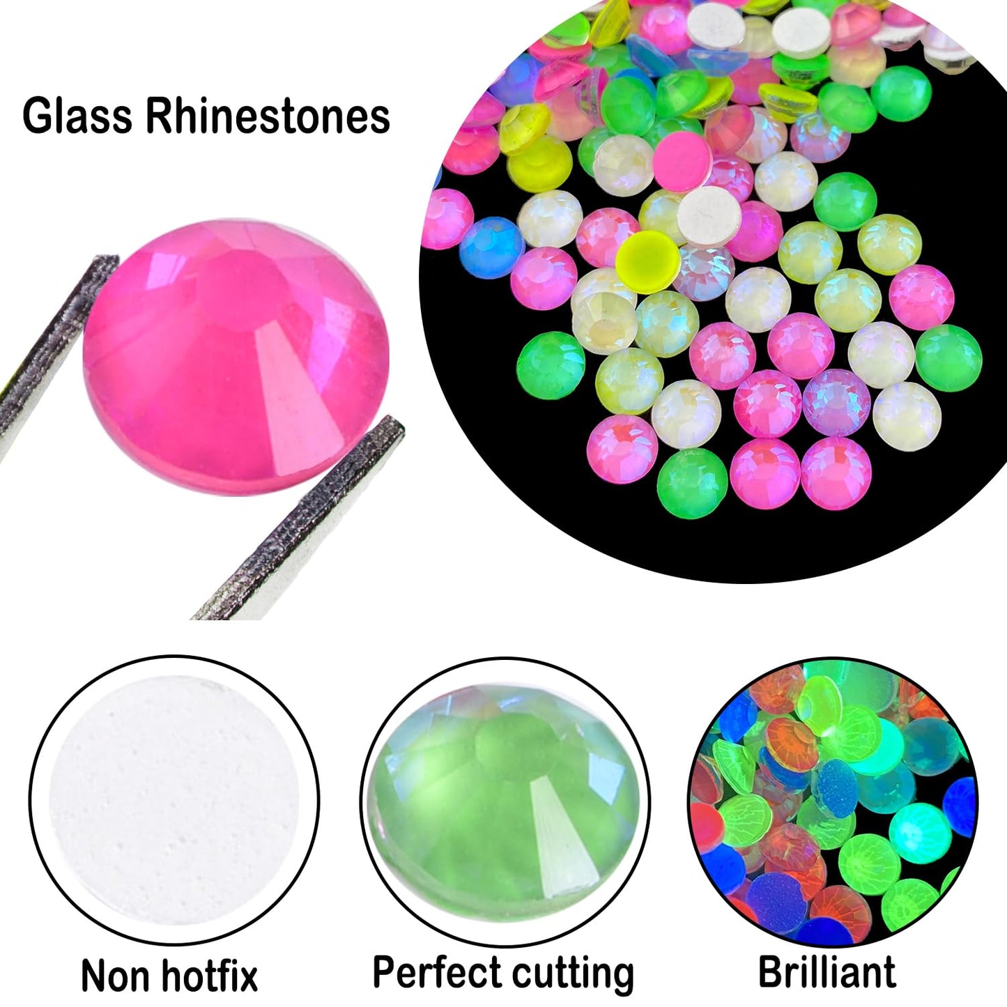 Flatback Glass Rhinestones,Bedazzler Gems 1440pcs Non Hotfix Crystal Rhinestones for Nail Charms Crafts Clothes Tumblers,Mixed AB Neon,SS16