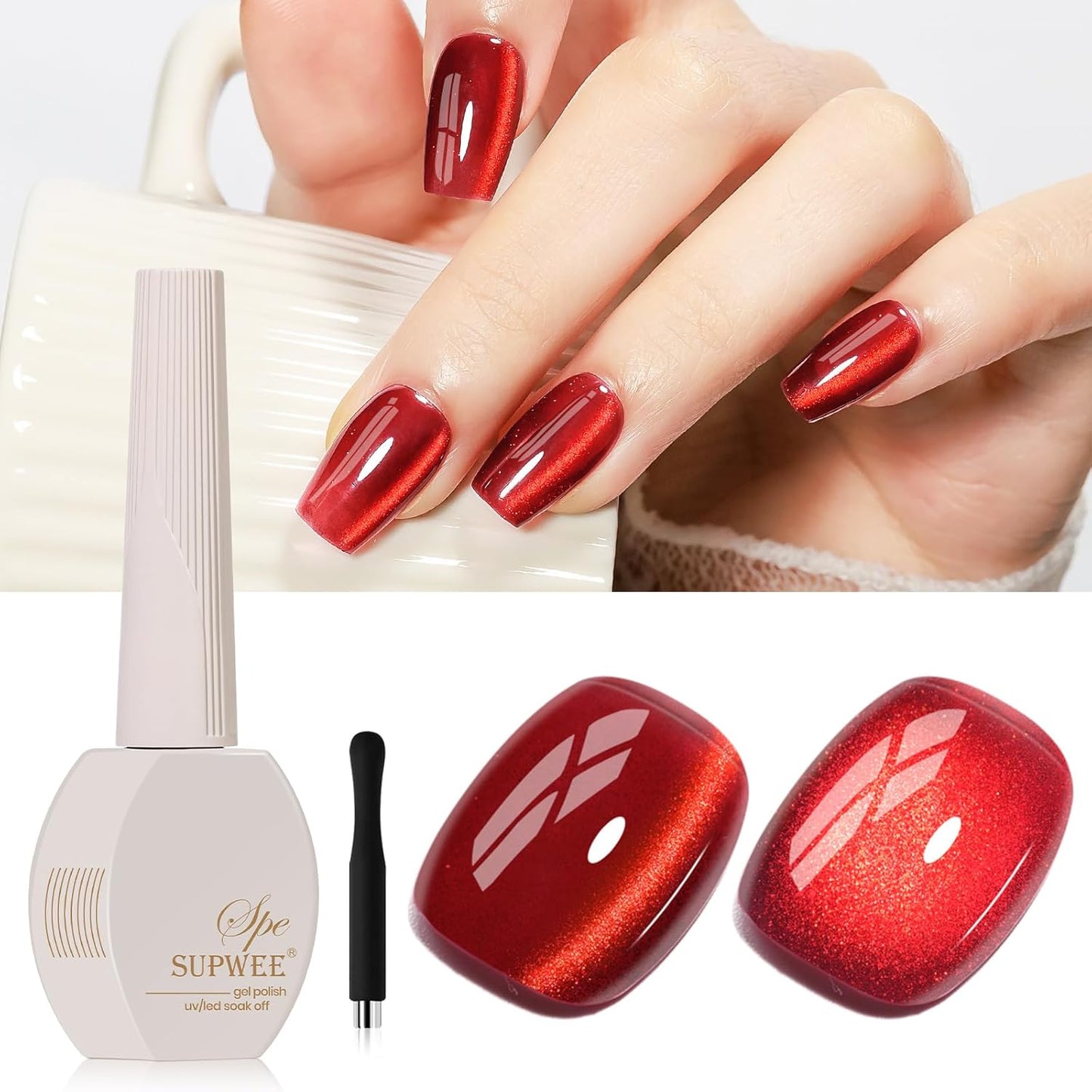 Red Cat Eye Gel Polish, 15ML Crystal Shimmer CatEye Gel Nail Polish Magnetic Glitter Holographic Reflective Nail Polish Gel with Magnet Soak Off Salon DIY at Home