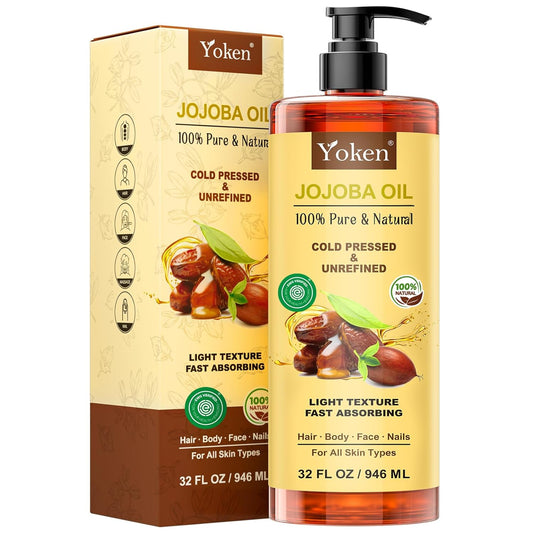 Yoken 32 fl oz (EWG Verified) 100% Pure Jojoba Carrier Oil - Unrefined, Hexane-Free, Cold Pressed for Skin, Face, Hair, Nails, and Massage
