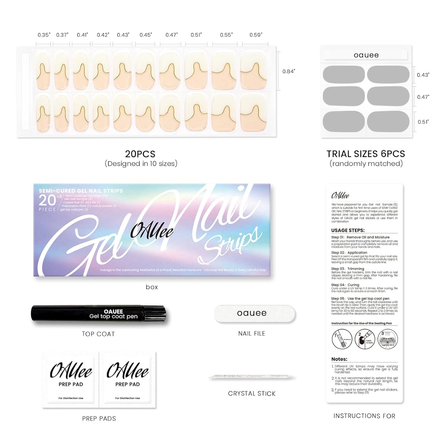 Semi Cured Gel Nail Strips | Built-In Gel Top Coat | UV Light Required | Salon Quality, Easy Application And Removal (Ivory Wave With Gold)