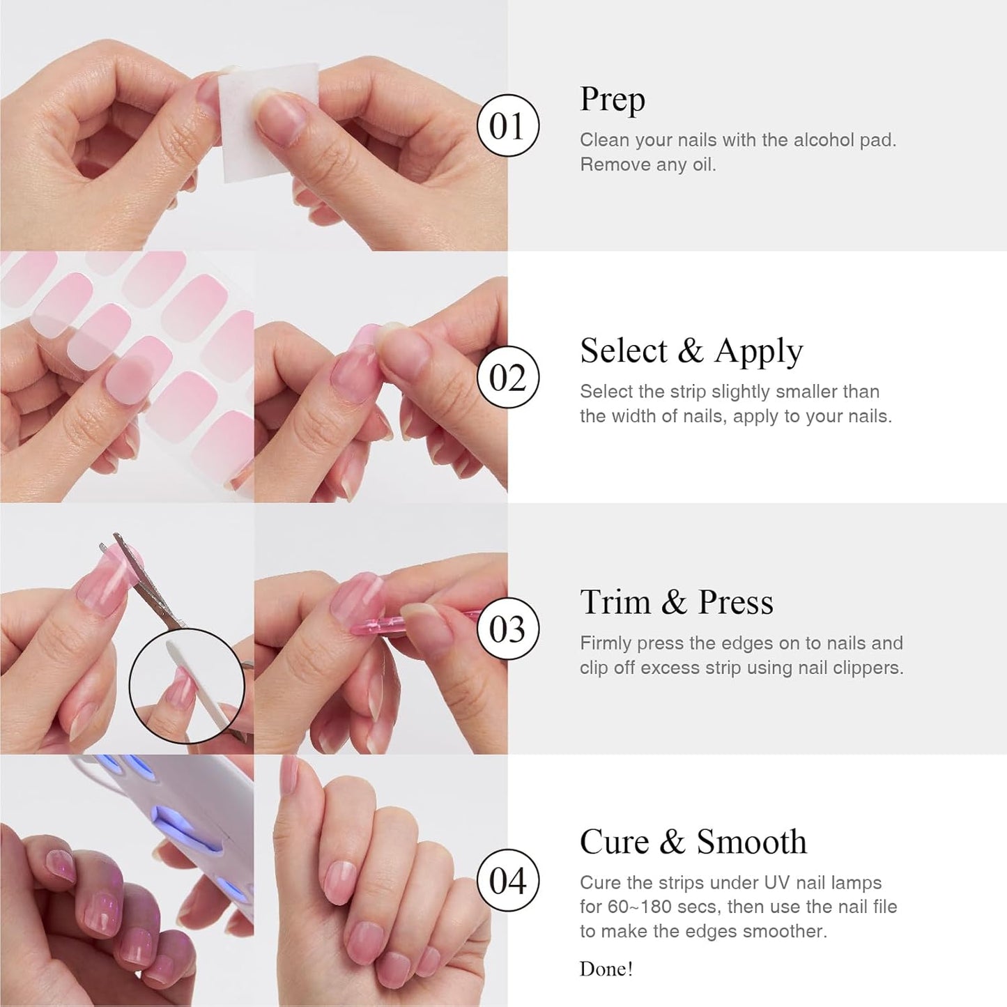 Semi Cured Gel Nail Strips, 20 pcs Stikers, Wraps, Salon-Quality, 2 Weeks Long Lasting, Jasmine Breeze