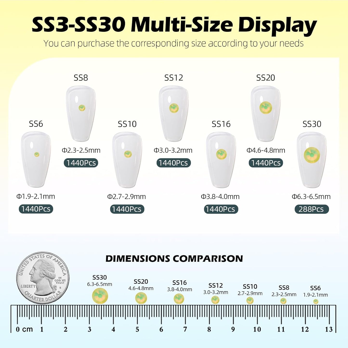 F Yellow Flatback Rhinestones, Glass Rhinestones for Nail Art and Craft, Glue Fix, Loose Crystal Gemstones(F Yellow, SS8, 1440pcs, 2.3-2.5mm)
