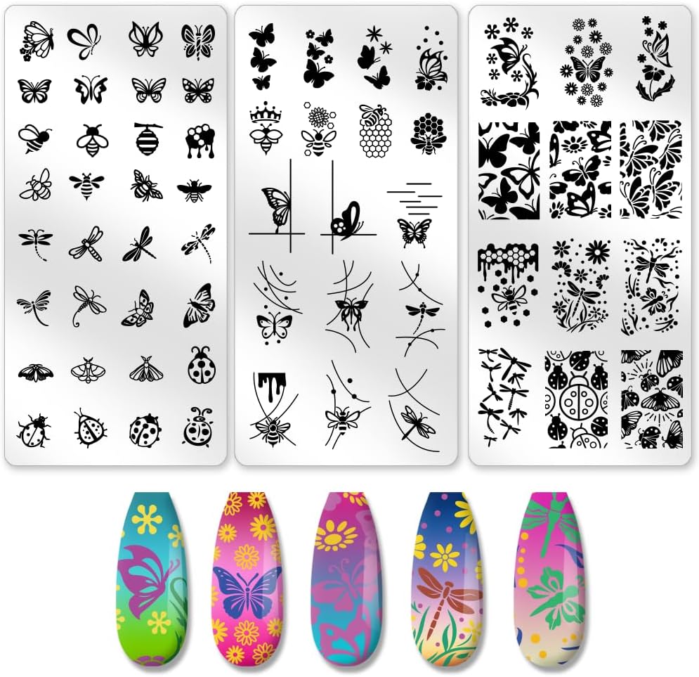 3Pcs Butterfly Dragonfly Nail Stamping Plate Bees Moth Nail Stamping Templates French Tip Art Stamp Plates Stainless Steel DIY Reusable Tools for Manicure Printing