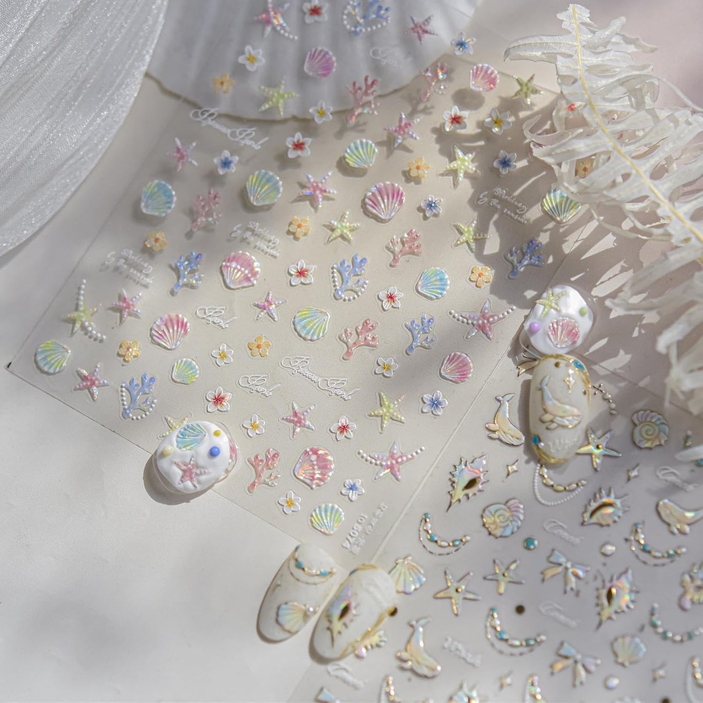 Pearl Ocean Nail Stickers 3D Self-Adhesive Shell Nail Art Stickers Starfish Nail Decals 5D Embossed Coral Nails Supplies Gemstone Nails Designs Summer Nail Decoration for Women DIY Manicure 2 Sheets