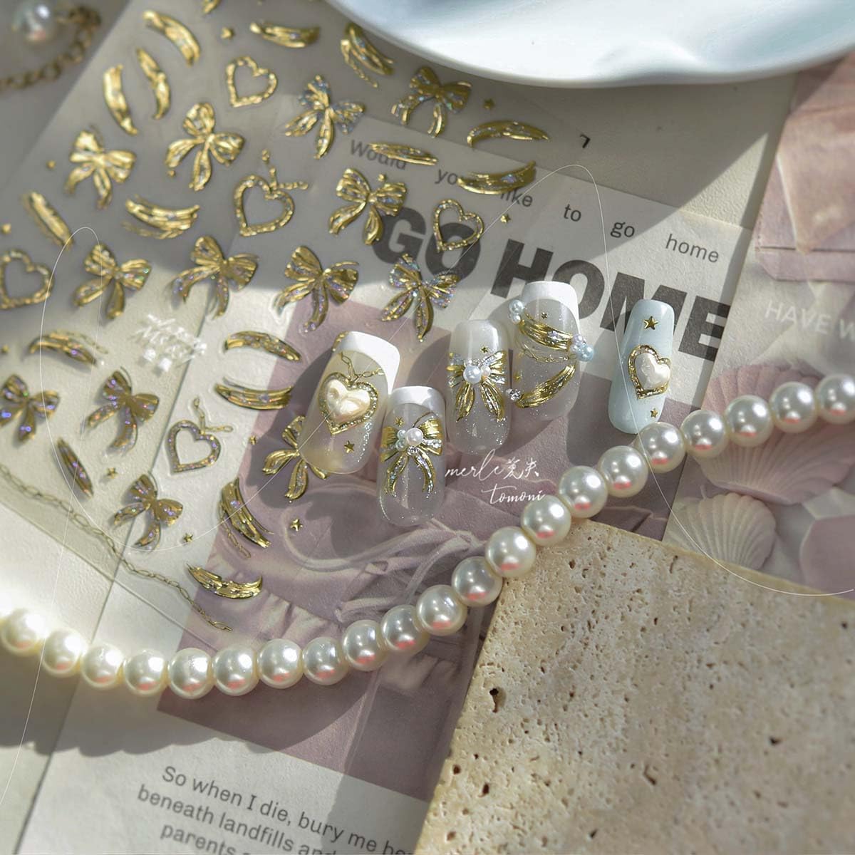 Gold Bow Nail Stickers for Nail Art Heart Bow Nail Decals Coquette Stickers for Nails 3D Self Adhesive Nail Art Supplies & Decorations for Women Girls,1 Sheet DIY Manicure Decor