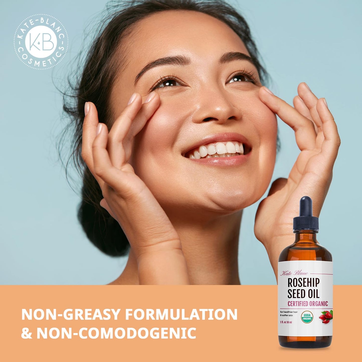 Kate Blanc Cosmetics Rosehip Oil for Face & Softer Glowing Skin (1oz, Organic, Pure, Cold Pressed) Rosehip Seed Face Oil for Facial & Gua Sha Massage