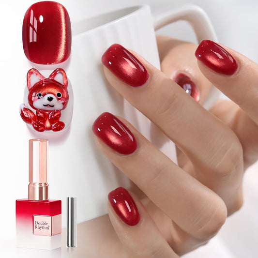Double Rhythm 0.5 OZ Cat Eye Gel Polish with Magnet 15ML Holographic Glitter Shimmer Translucent Jelly Color Magnetic Nail Polish Salon DIY at Home (Dreamy Cherry Red-MC1274)