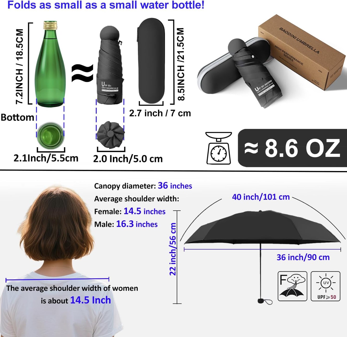 BAODINI Travel Essentials Mini Umbrella for Purse With Case Small Compact UV Sun Protection Lightweight Tiny Pocket Manual Open Close Umbrella for Women Kids and Men Fit Purse Backpack