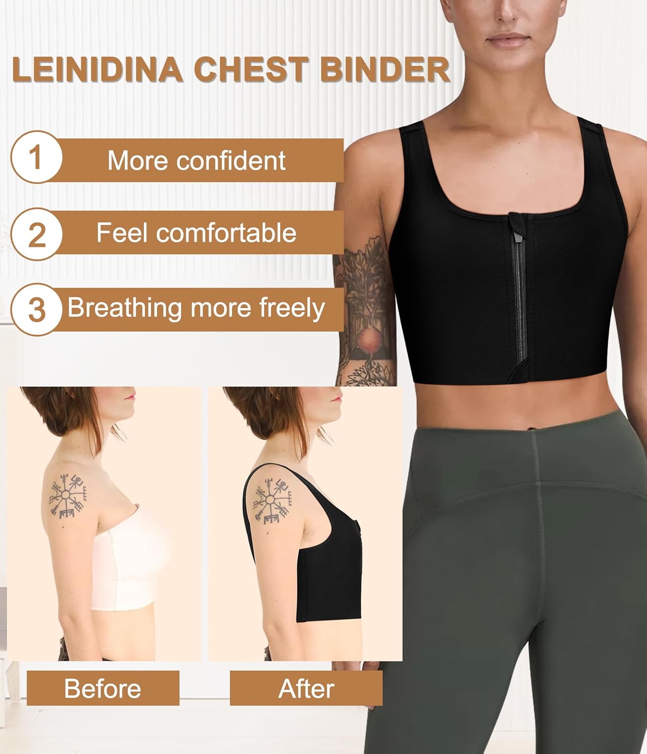 LEINIDINA Chest Binder Tomboy Transgender FTM Square Collar with Front Zipper Binder Bra Tank Top