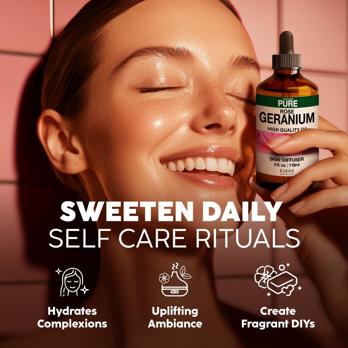 Kukka Rose Geranium Essential Oil for Skin - 4 Fl Oz - Geranium Oil for Diffuser & Aromatherapy, DIY Soap Making Scents