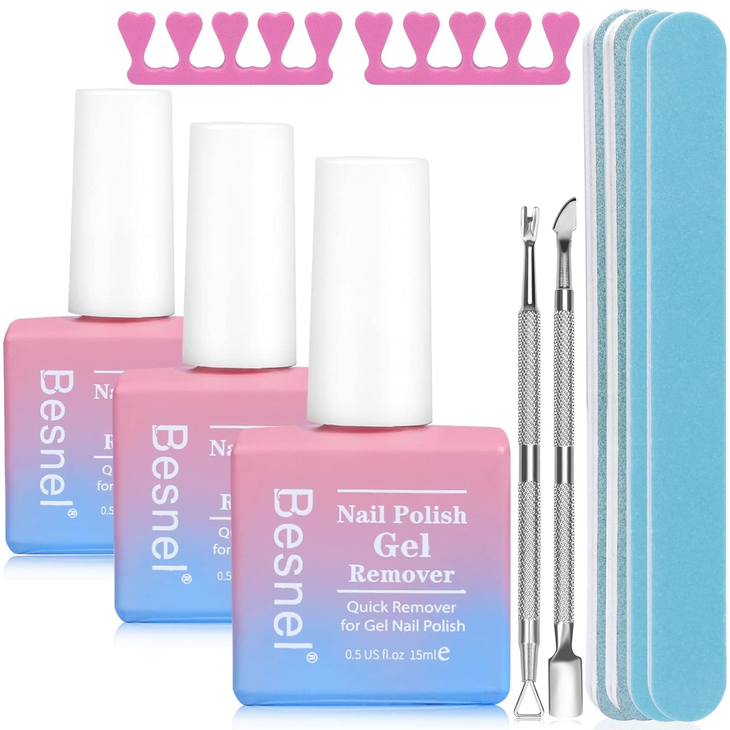 Gel Nail Polish Remover 3 Pack Professional Gel Polish Remover Non-Irritating Quick Easy,Gel Remover Tools Kit Nail File Cuticle Pusher Nail File Grit,No Need For Foil Soaking Or Wrapping