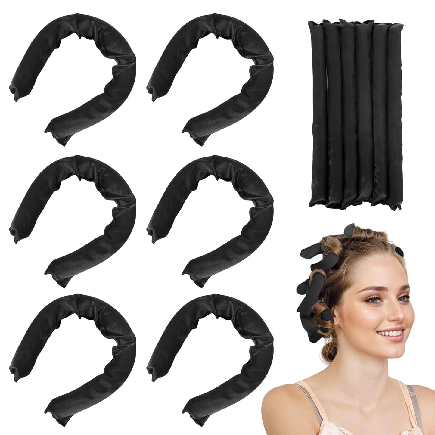 Black Satin Covered Heatless Overnight Curling Rods for Curls and Straight Short Hair - 6Pcs