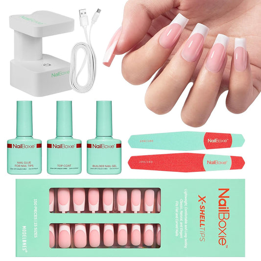 Gel Nail Kit, Top Coat, Nail Builder Gel and Nail Glue for Nail Tips, Press On Nails Kit with LED Light, 150 PCS Long Pink Square, 15 Sizes French Tip Press on Nails