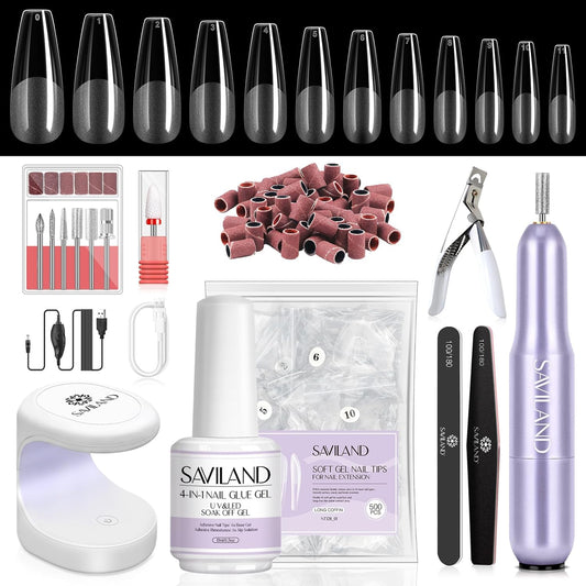SAVILAND Gel Nail Kit with Drill: ALL-IN-1 Beginner Nail Kit, 0.5Oz U V Nail Glue Gels, Gel Nail X Kit with Lamp, 500 Pcs Long Coffin Tips Nails Builder Kits, Salon At Home Manicure Gift for Women
