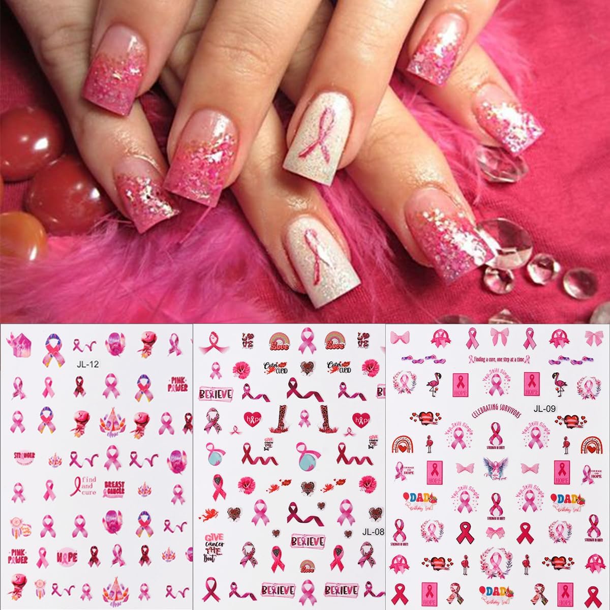 Breast Cancer Nail Art Stickers Pink Ribbon Nail Decals 3D Love Heart Bow Self-Adhesive Nail Design Sticker Breast Cancer Awareness Nail Art Supplies Sticker for Women DIY Manicure Decor Tips 6Sheets
