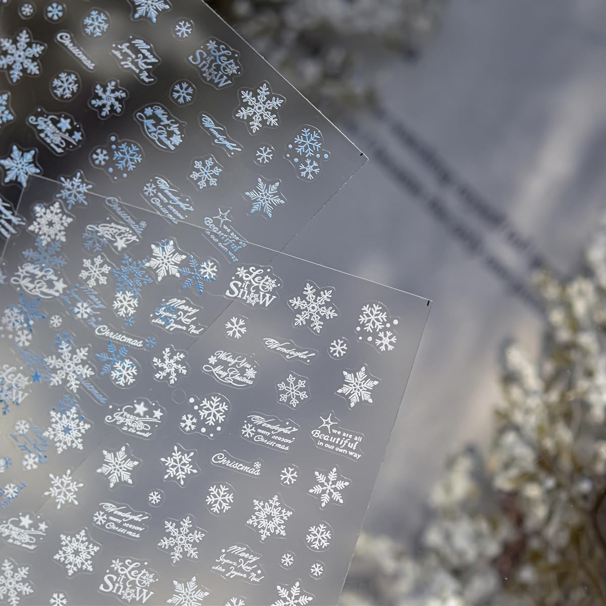 White Snowflake Nail Art Stickers Christmas Nail Decals Decorative Font Nail Stickers 5D Self-Adhesive Winter Theme Nail Art Design Decals DIY Nail Decoration Supplies for Women Girls 1Sheet