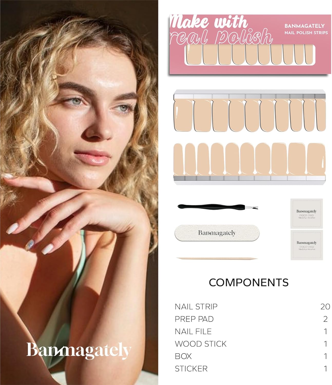 Nail Polish Strips, 20Pcs Salon Quality Gel Nail Stickers, Easy Long Lasting Wraps for Short Nails no UV Light Needed (Skin Color)