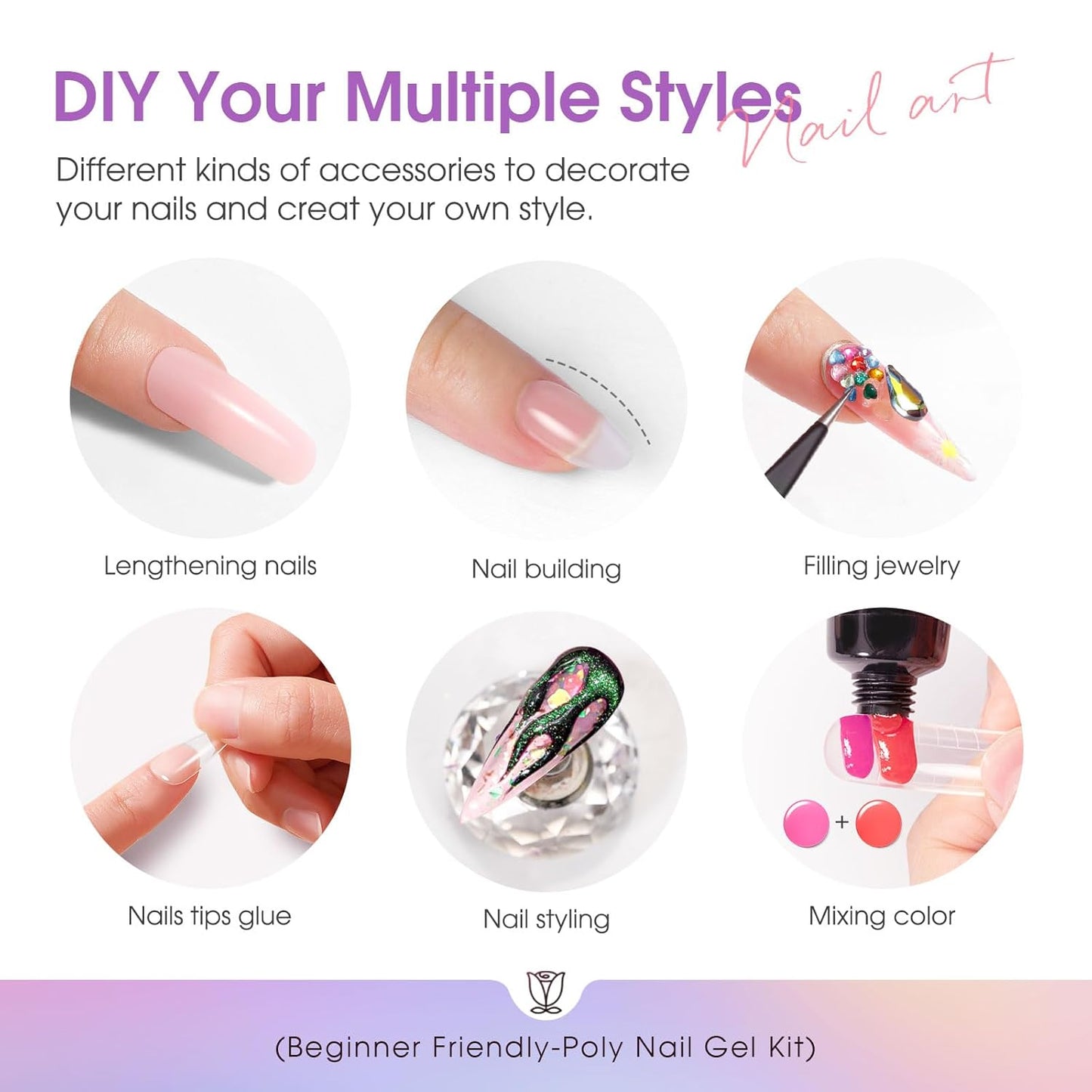 ROSALIND 20 PCS Colors Poly Nail Gel Kit -Neon Poly Nails Gel Kit Starter Kit - Slip Solution Pro Nude Pink Nail Extensions Gel Set With UV Lamp Drill Nail Art Builder Kit