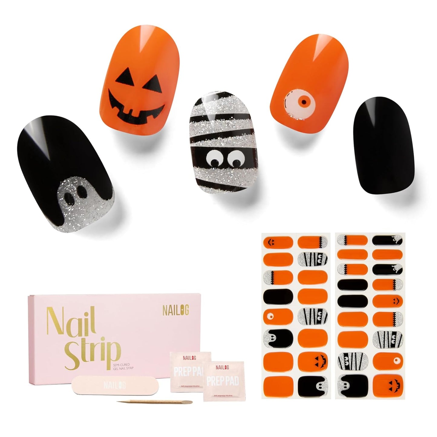 NAILOG Semi Cured Gel Nail Strips 34 pcs| Buy 2 Get 1 UV Lamp | Long Lasting Nail Polish Sticker Wraps with Glossy Gel Finish, Tricks or Treats