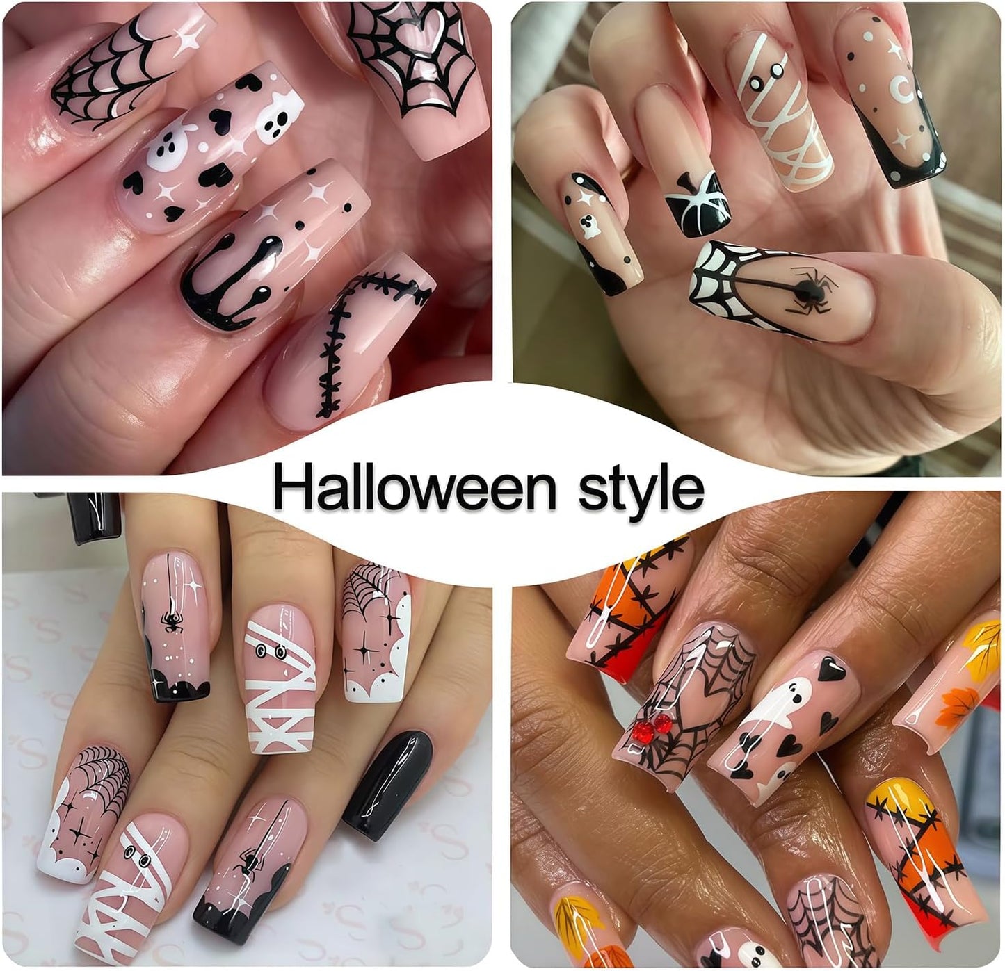 6 Sheets Halloween Nail Stickers, Spider Nail Art Stickers 3D Self-Adhesive White Black Spider Web Blood Heart Star Spiders Ghost Nail Decals Holiday Sticker for Halloween Party DIY Nails Decoration