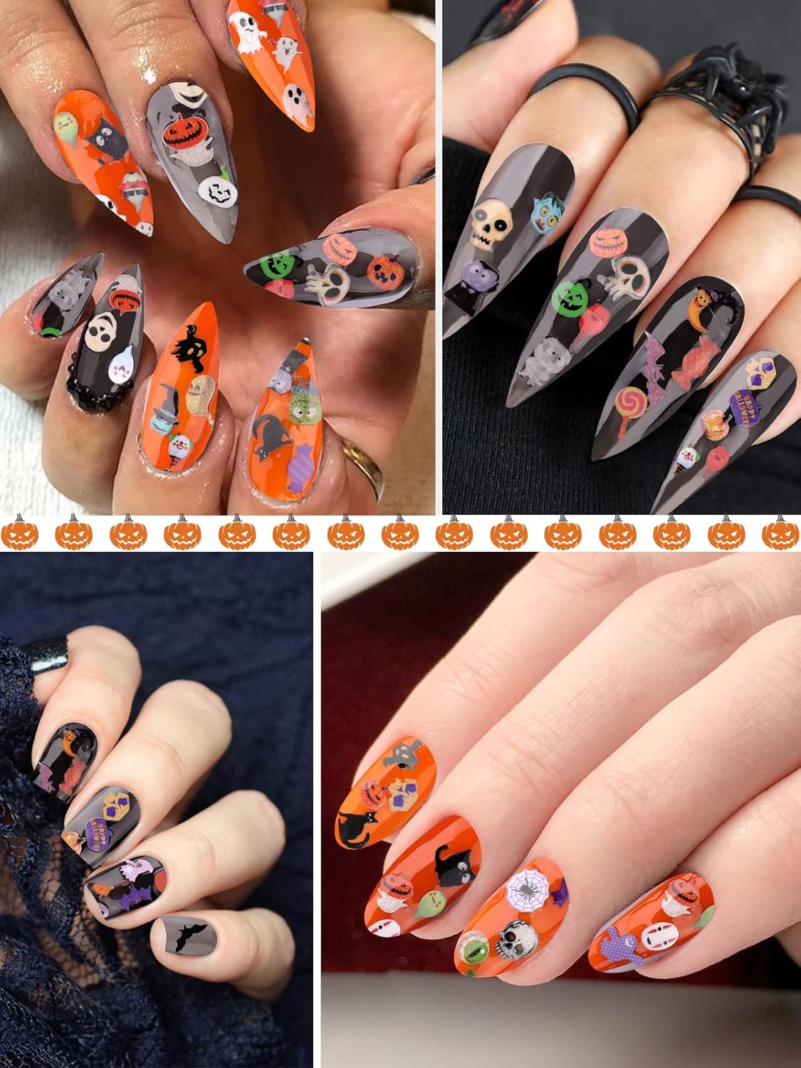 Kalolary Halloween Nail Art Sequins, 3D Skull Spider Pumpkin Bat Ghost Witch Stickers for Acrylic Nails, Halloween Wood Pulp Glitter Flakes for Nail Art Decorations