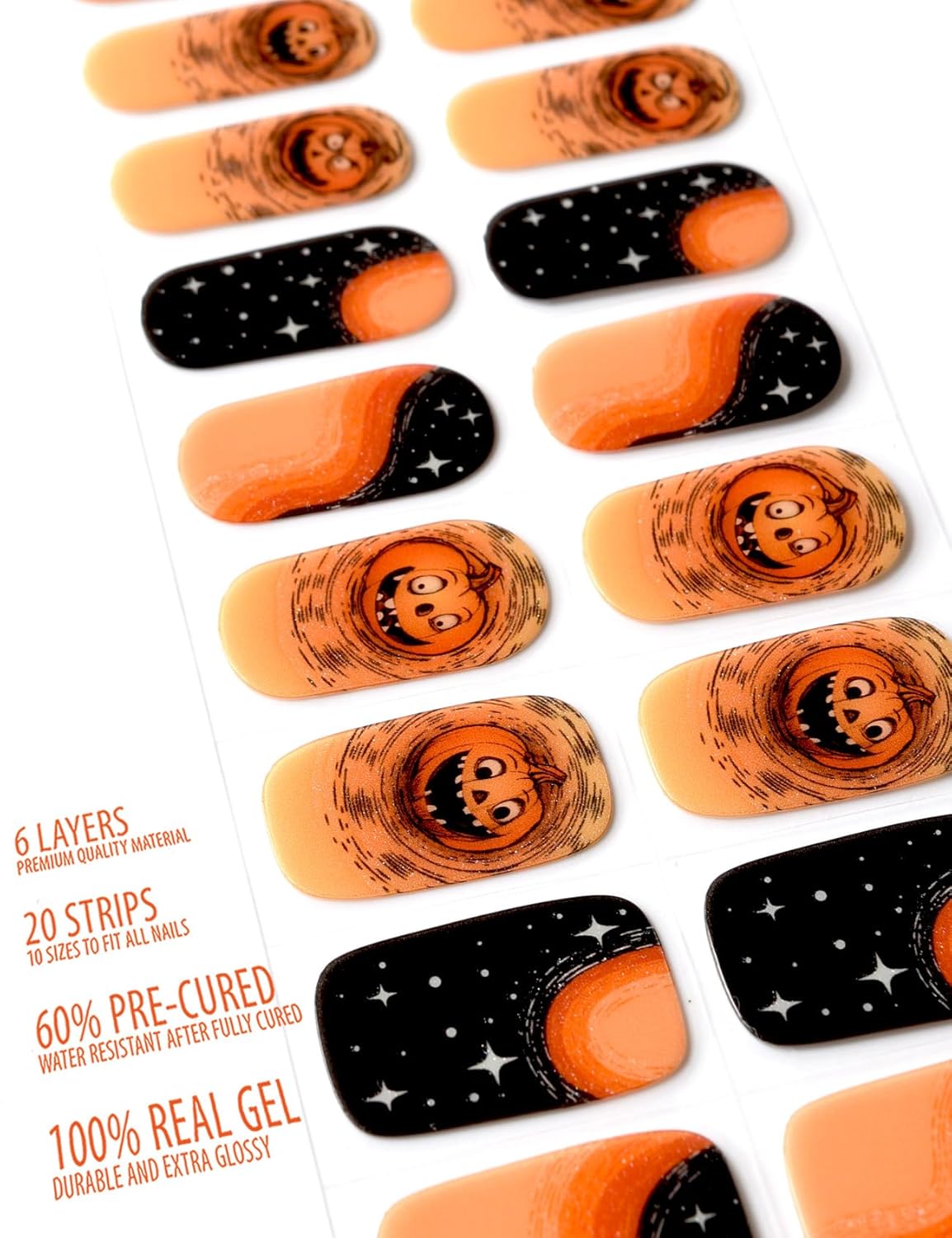 Semi Cured Gel Nail Strips, 20 pcs Nail Wraps, Glaze Stickers, Salon Quality French Manicure, Full Decal Gel Polish Strips, Long Lasting SCG, Easy on, UV Required (Wicked Pumpkin)