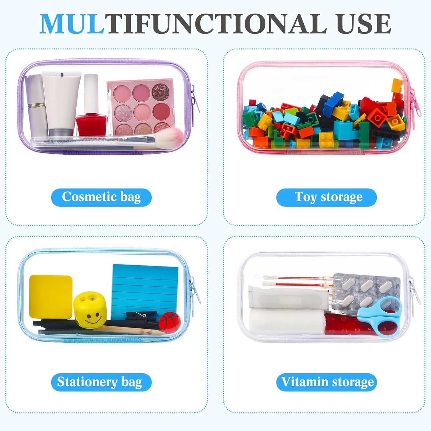 Hoolerry 4 Pcs Hard Clear Zipper Case Makeup Bags Plastic Pencil Pouch Transparent Storage Box Containers for Cosmetics, Snacks, Building Blocks, Puzzles(Multicolor,7.5 x 3.9 x 2 in)