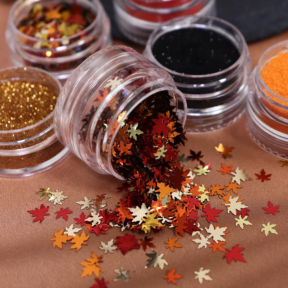 Fall Nail Art Glitters Maple Leaf Nail Sequins Autumn Maple Leaves Nail Decoration Accessories 3D Maple Leaf Nail Decals Professional Fall Nail Designs for Women Manicure DIY 6 Jars
