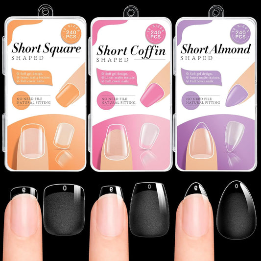 krofaue 3 Styles Short Nail Tips Kit - 720PCS Half Matte Coffin, Almond, Square Fake Nails Full Cover Press on Extension for Soft Gel Tips Set Art DIY Home