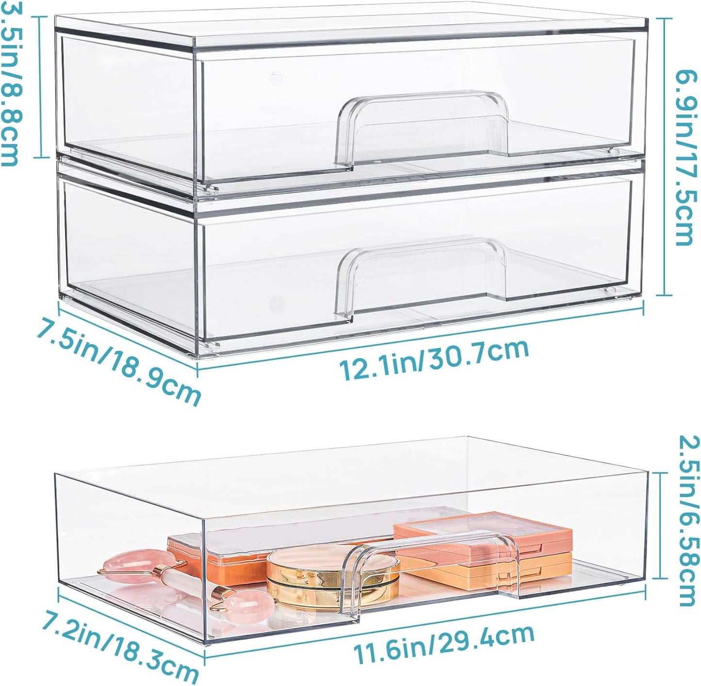 Vtopmart 12.1''W Clear Stackable Storage Drawers,3 Pack Acrylic Plastic Organizers Bins for Makeup Palettes, Cosmetics, and Beauty Supplies,Ideal for Vanity, Bathroom,Cabinet,Desk Organization