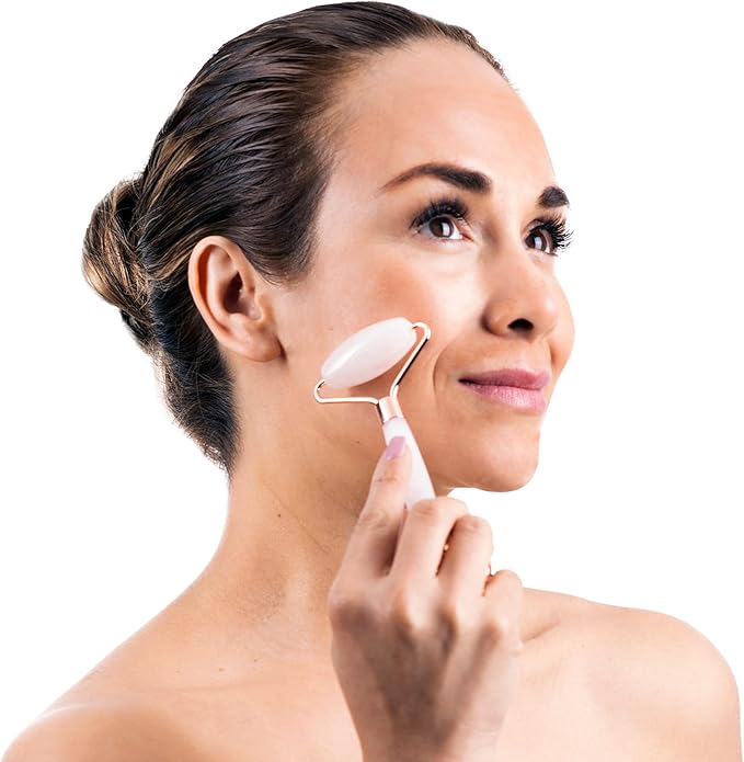 Rose Quartz Roller for Face - Facial Massage Tool for Natural Beauty Skin Care - Pink Face Roller Reduces Dark Eye Circles and Puffiness with 100% Authentic Quartz Crystal