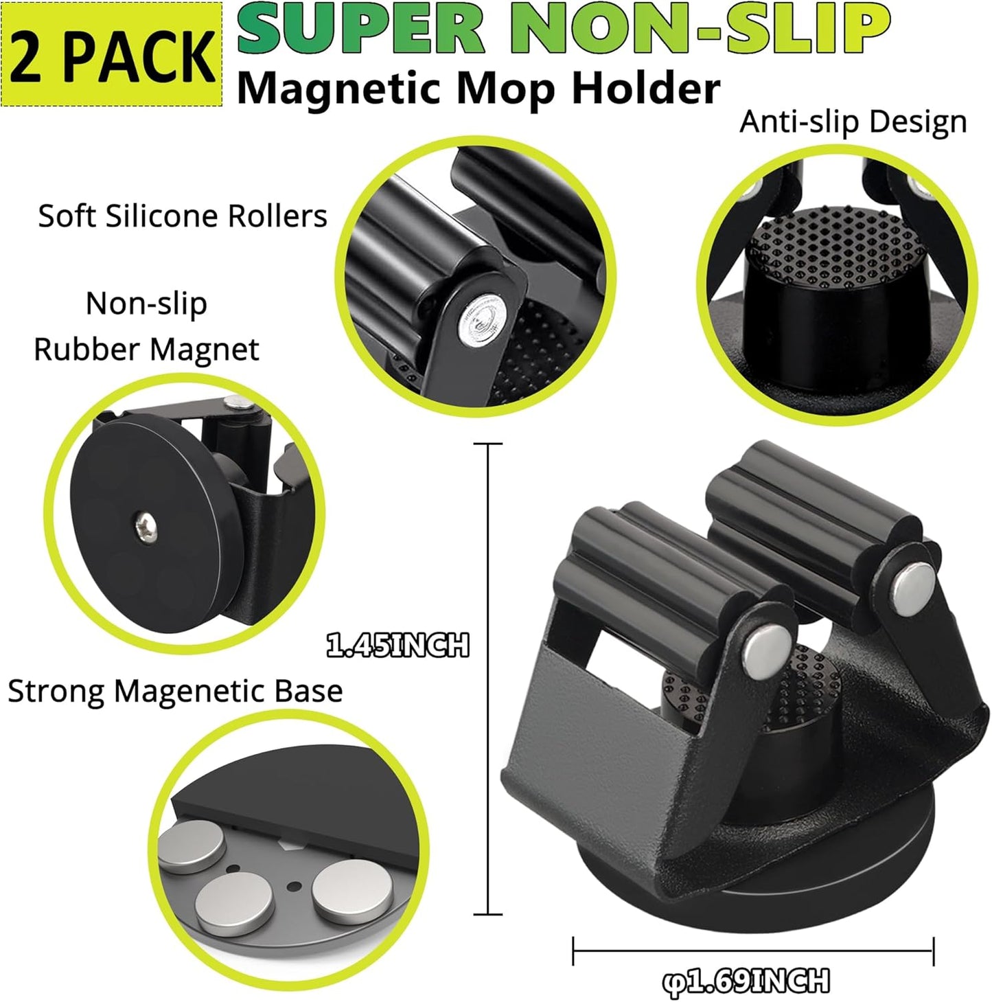 ULIBERMAGNET Magnetic Mop Broom Holder,Heavy Duty Movable Magnetic Broom Holder Rack,Anti-slip Wall Mounted Utility Storage Mop Shovel Hanger for Garage, Kitchen, Laundry, Garden(2 Pack/Black)