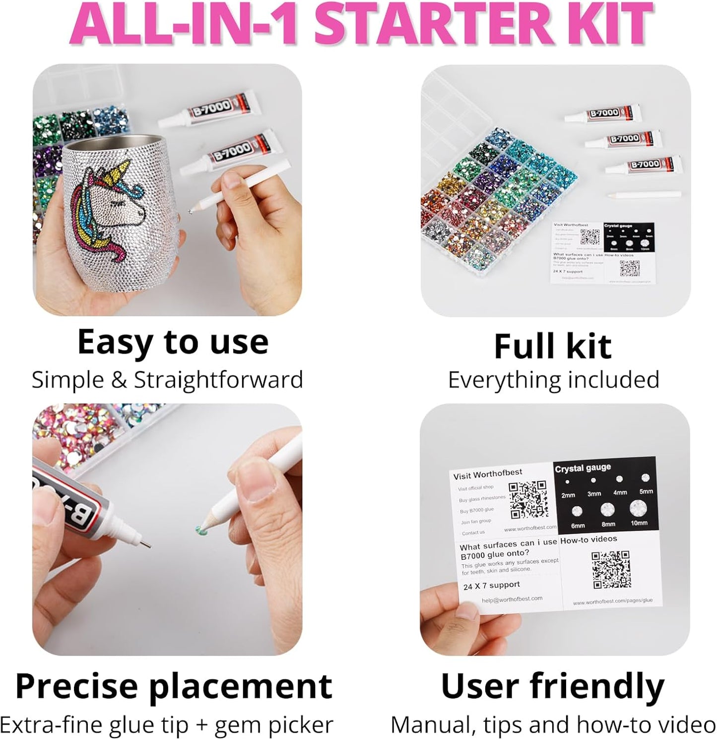 30000Pcs Resin Jelly Rhinestones Set for Crafting Bedazzling, Hot Pink AB Flatback Gems Jewels for Crafts Clothes Shoes Fabric Outfit Makeup, Flat Back Crystal 2-6mm with b 7000 Glue