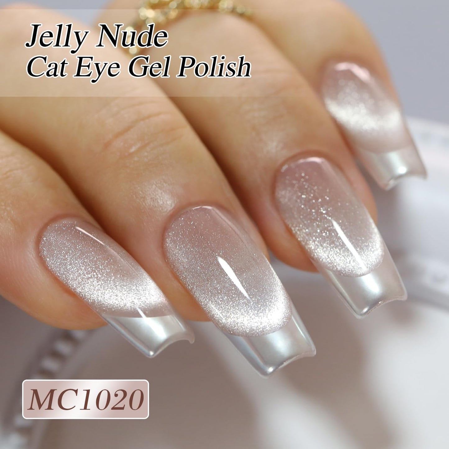 Double Rhythm Cat Eye Gel Polish with Magnet 15ML Holographic Glitter Shimmer Translucent Jelly Color 0.5 OZ Magnetic Gel Polish Salon DIY at Home (Nude-MC1020)