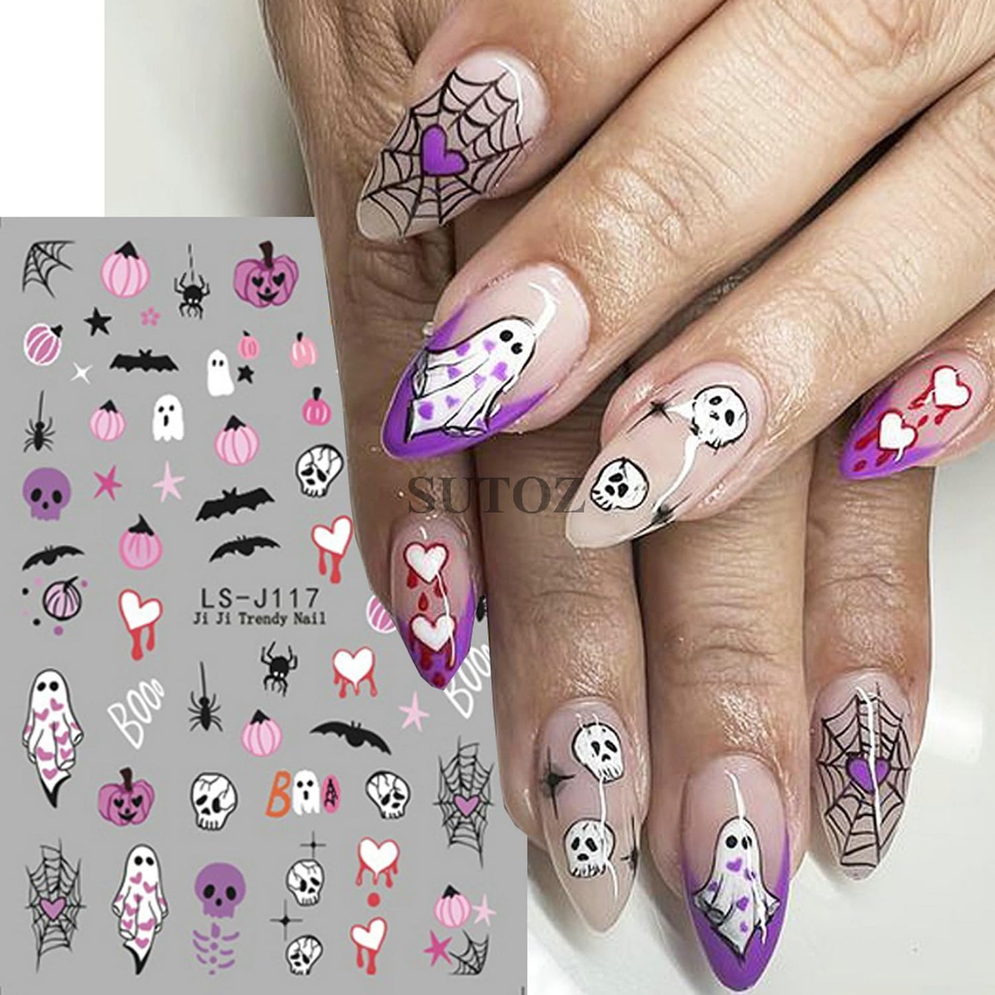6 Sheets Halloween Nail Art Stickers 3D Self Adhesive Cute Coal Ball Ghost Skull Designs Pumpkin Nail Stickers Spider Web Stars Bat Nail Decals Sticker Halloween Nails Art Supplies for Women