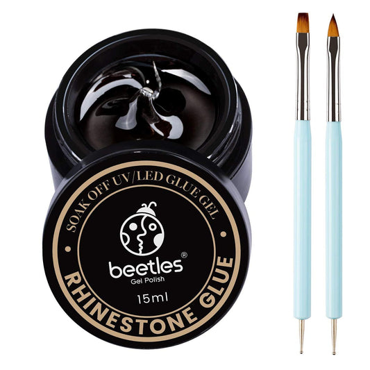 Beetles Rhinestone Glue for Nails with 2 Dual Purpose Brush Pen, 1Pcs 15ml Nail Glue for Nail Art Adhesive Resin Gems Diamonds Jewelry Decoration Soak Off Led Lamp Fall Nails Gifts for Women