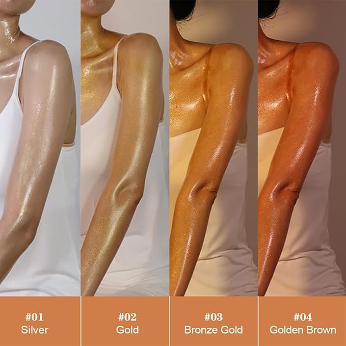 Shimmer Body Oil,Face and Body Liquid Luminizer,Waterproof Moisturizing Light Shimmer Glow Illuminator,Smooth Body Shimmer,Liquid Highlighter Makeup (Golden Brown)