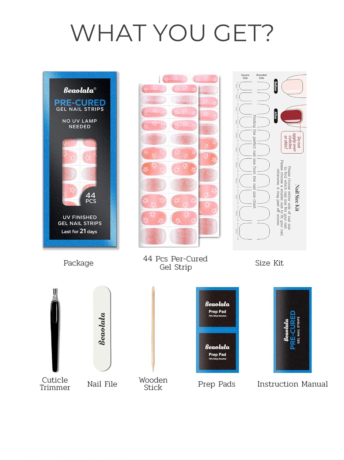 Pre Cured Gel Nail Strips - 44PCS Salon Quality Gel Nail Stickers - Long Lasting Polish Wraps for Women no UV Light Needed Easy Apply& Remove (BloomPink)