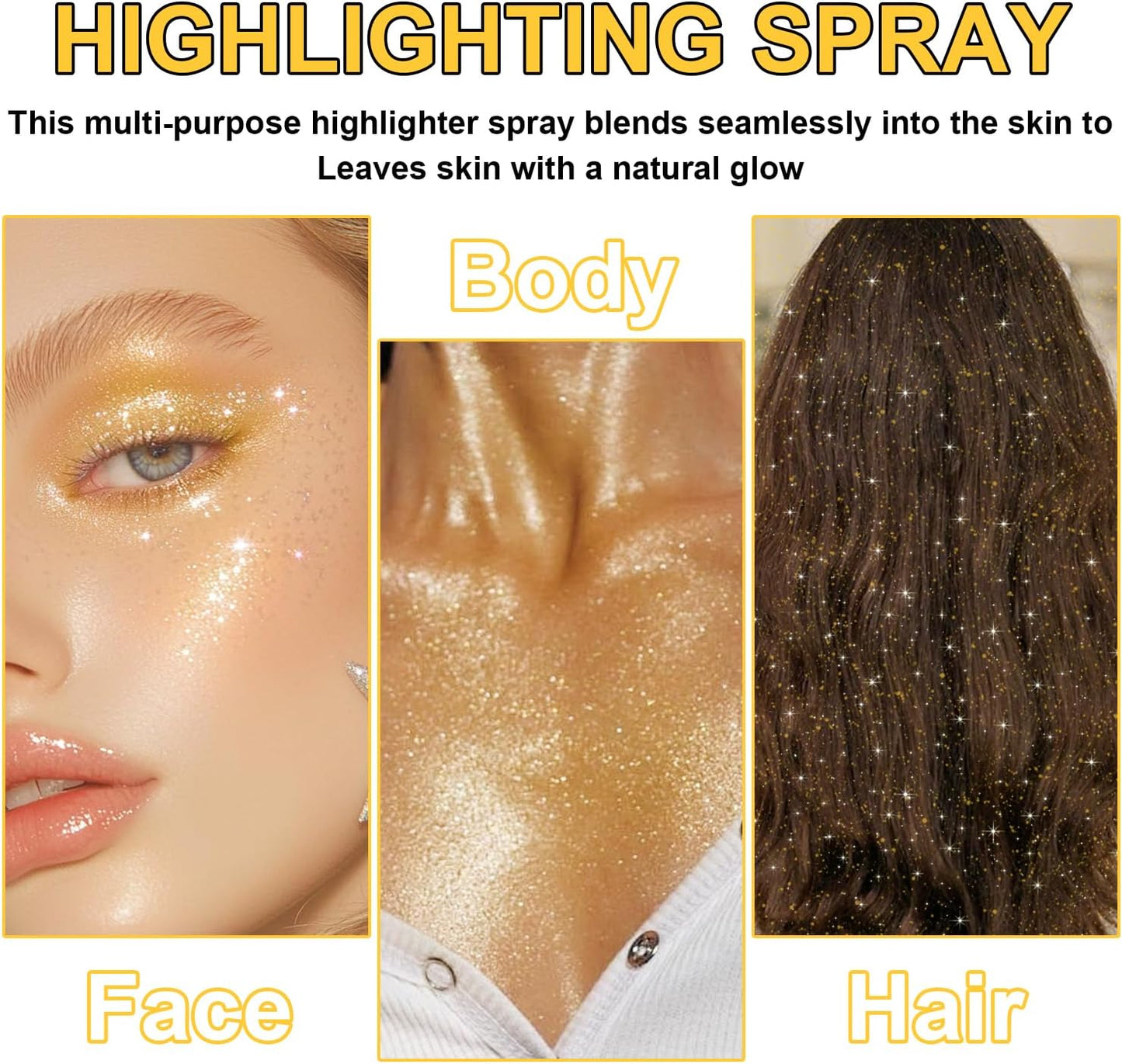 Hair and Body Glitter Spray, Shimmering Powder Sparkle Powder Makeup, Glitter Loose Sparkle Makeup for Body Highlighter,Festival Prom Rave Accessories (Gold)