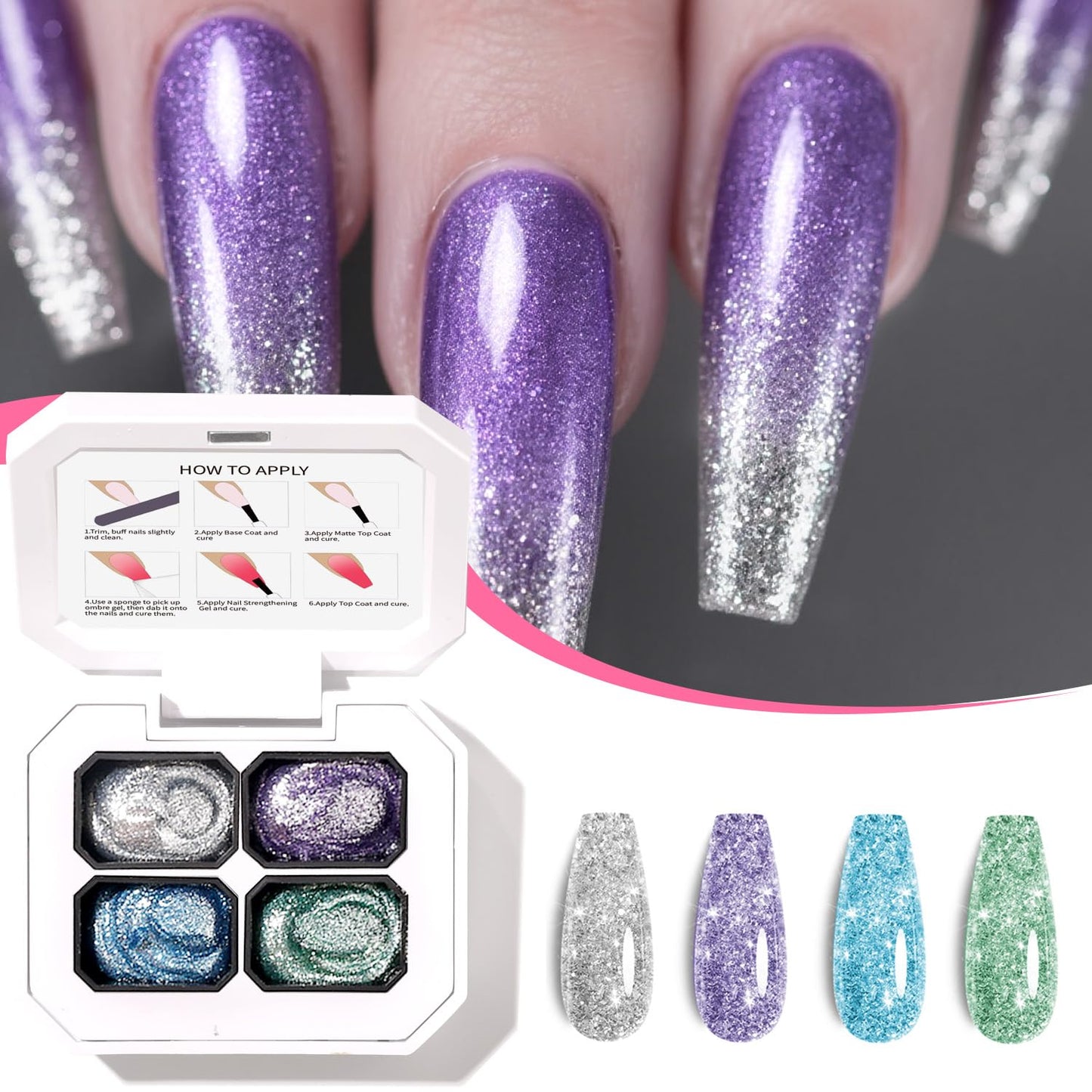 Finger Secret 4 Colors Set Ombre Gel Nail Polish,Patting Gradient Painting Gel with 20Pcs Nail Sponges for Nail Art DIY can be Painted in Salon or Home Use (k2)