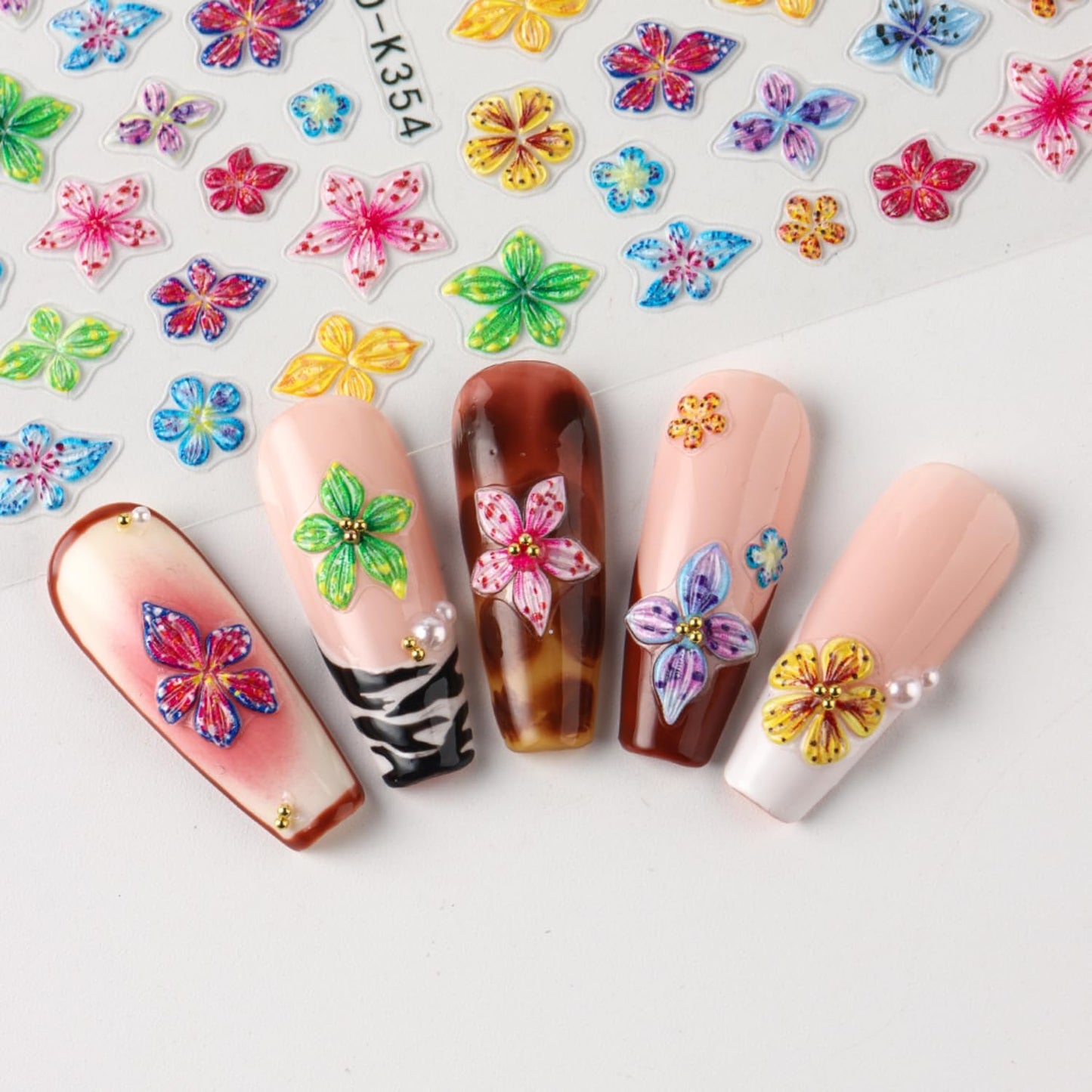 Stickers para Uñas Nail Stickers Self-Adhesive Sticker Colorful 3D Wild Flower Embossed Calcomanías para Uñas Floral Art Design Accessories Hight Quality 4 Sheets