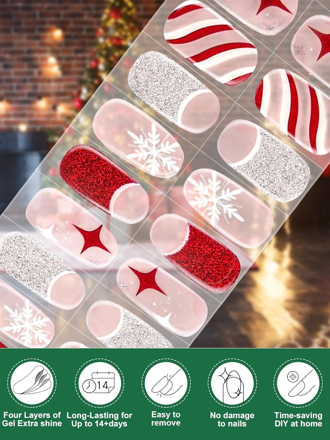 EBANKU 24PCS Christmas Semi-Cured Gel Nail Strips, French Glitter Adhesive Gel Nail Art Sticker, Waterproof Gel Nail Wrap Stickers with Nail File and Stick（UV/LED Lamp Required）