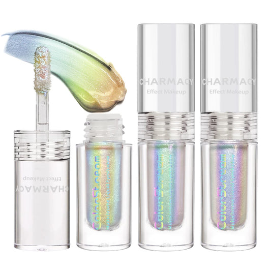 CHARMACY 3 Pcs Multichrome Glitter Liquid Eyeshadow, Chameleon Shifting Color, Holographic Metallic Eyeshadow, Long-Lasting Wear, Vegan Eye Topper for Party, Daily Makeup (#303)