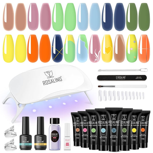 ROSALIND 8PCS Poly Nail Gel Kit with Mini U V/LED Lamp Pastel Poly Nails Gel Kit Starter Kits Yellow Green Blue Nail Extensions Gels Set