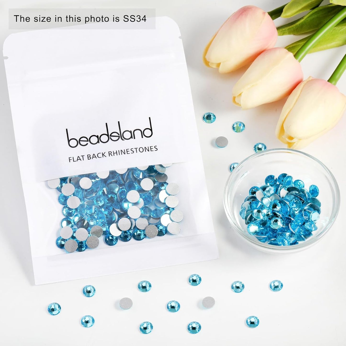 Beadsland 288pcs Flat Back Crystal Rhinestones Round Gems for Nail Art and Craft Glue Fix,Aquamarine,SS34,7.1-7.3mm