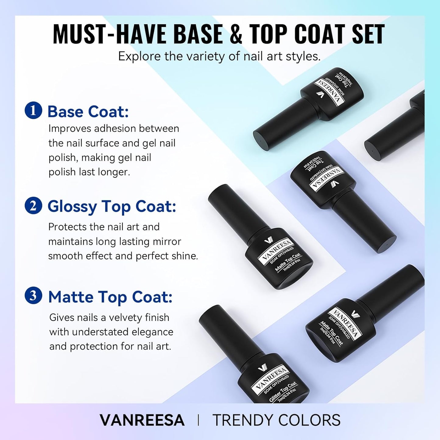 VANREESA 24 Pcs Gel Nail Polish Set, 21 Colors Gel Polish with Base Coat Glossy & Matte Top Coat Pink Orange Yellow Green Purple Blue Glitter Gel Polish Kit Nail Kit Gifts for Women Girls