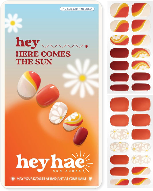 Semi Cured Gel Nail Strips | No LED Lamp Needed | Summer, Floral, Red | Easy Apply & Remove, Salon Quality | Includes 28 Strips, 1 Prep Pads, Nail File & Wooden Stick - Hey, Here Comes The Sun