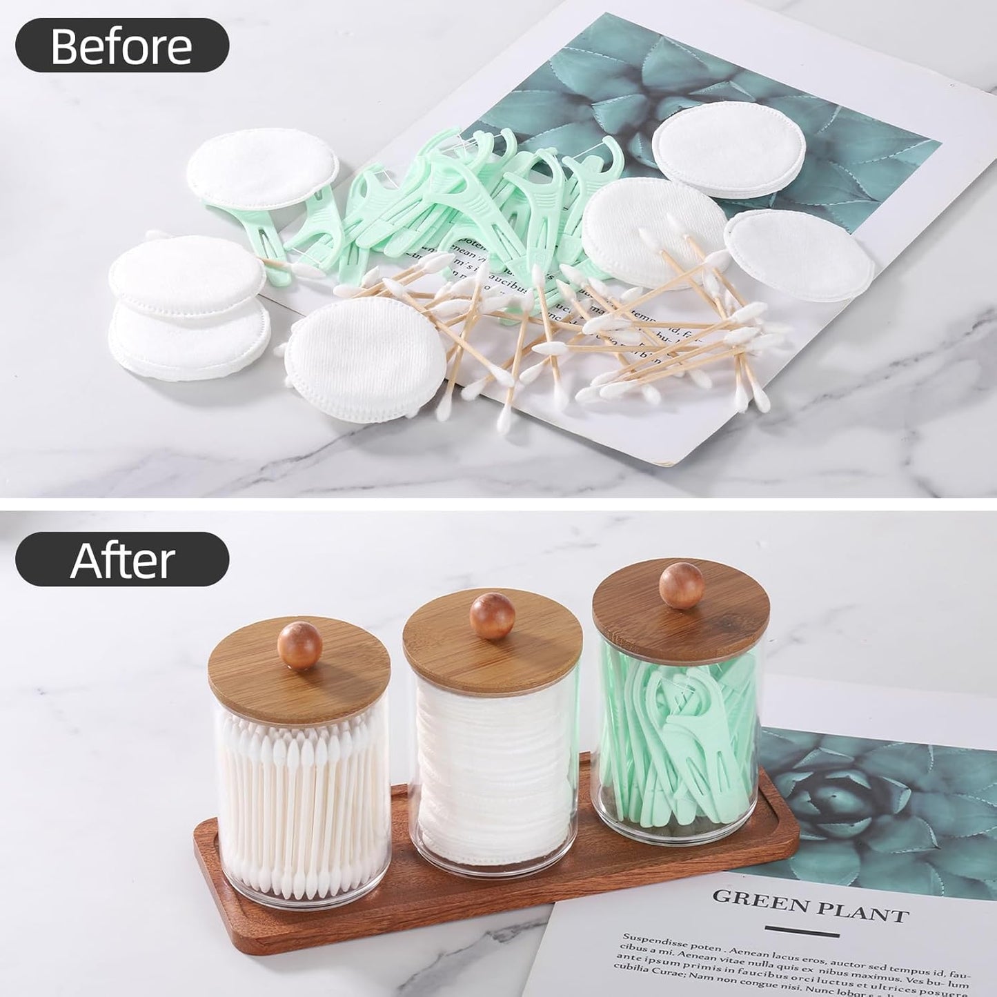 Tbestmax Qtip Holder with Vanity Tray, Clear Bathroom Containers Dispenser for Storage Cotton Swab/Ball/Pad Holder Wood Lids