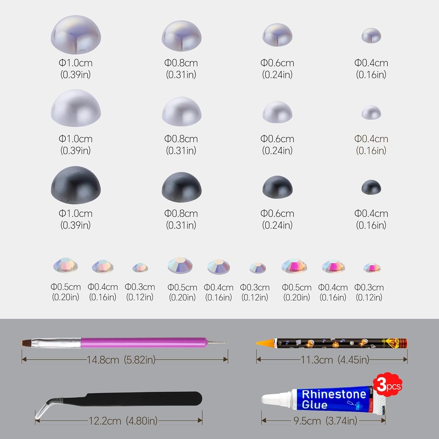 60g Grey White Pearls Rhinestones for Crafts Mixed Size 3mm-10mm AB Color Round Half Pearls Flatback Pearl Beads and Resin Rhinestones Set for Face Art with Glue